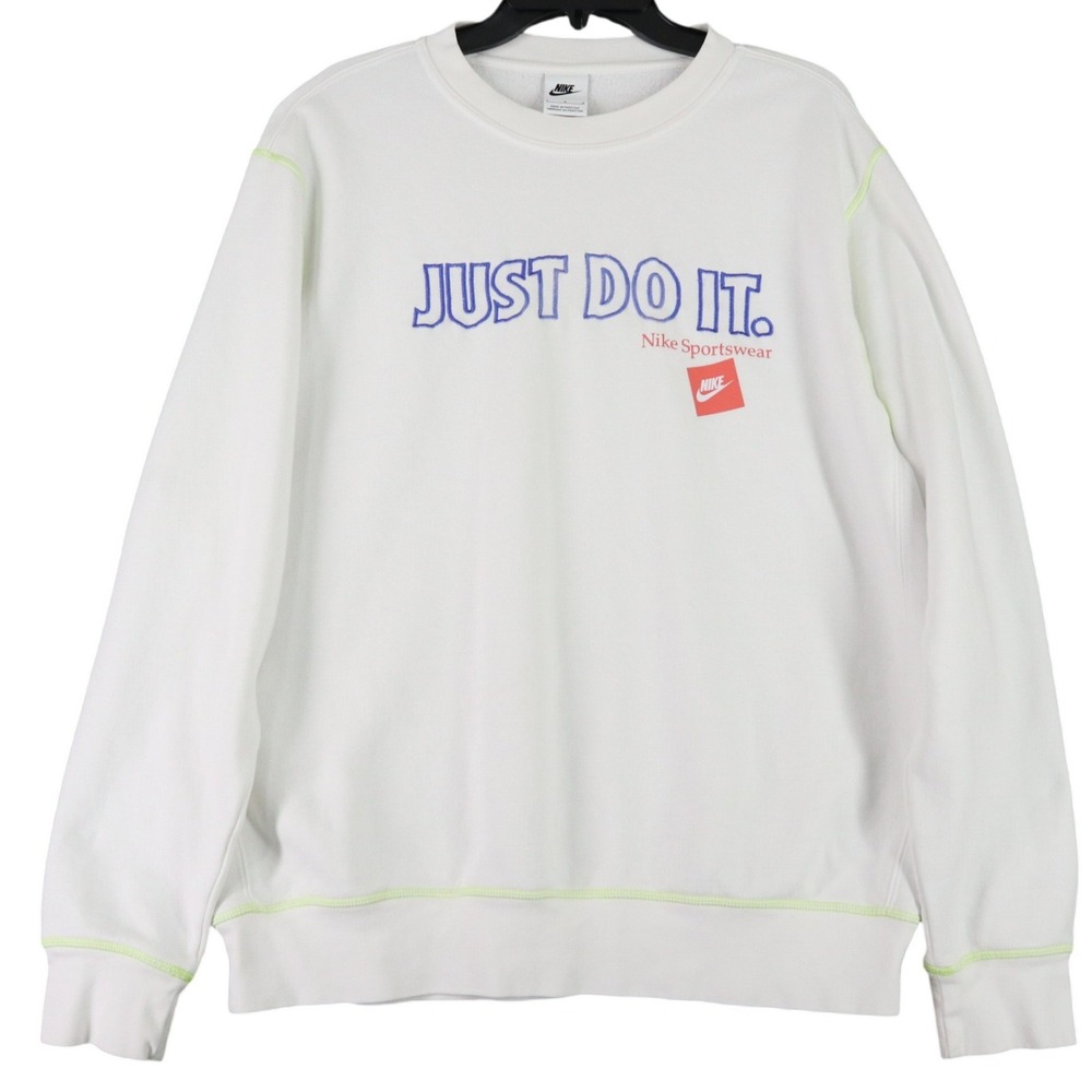 Nike Sportswear Just Do It Sweatshirt Mens L White Neon Stitch Graphic Athletic